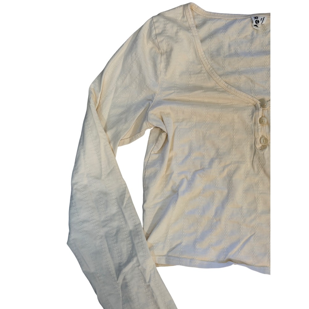 Y2K Roxy Cream Pointelle Knit Long Sleeve Henley Cropped Top Small Coquette Surf - Picture 2 of 6